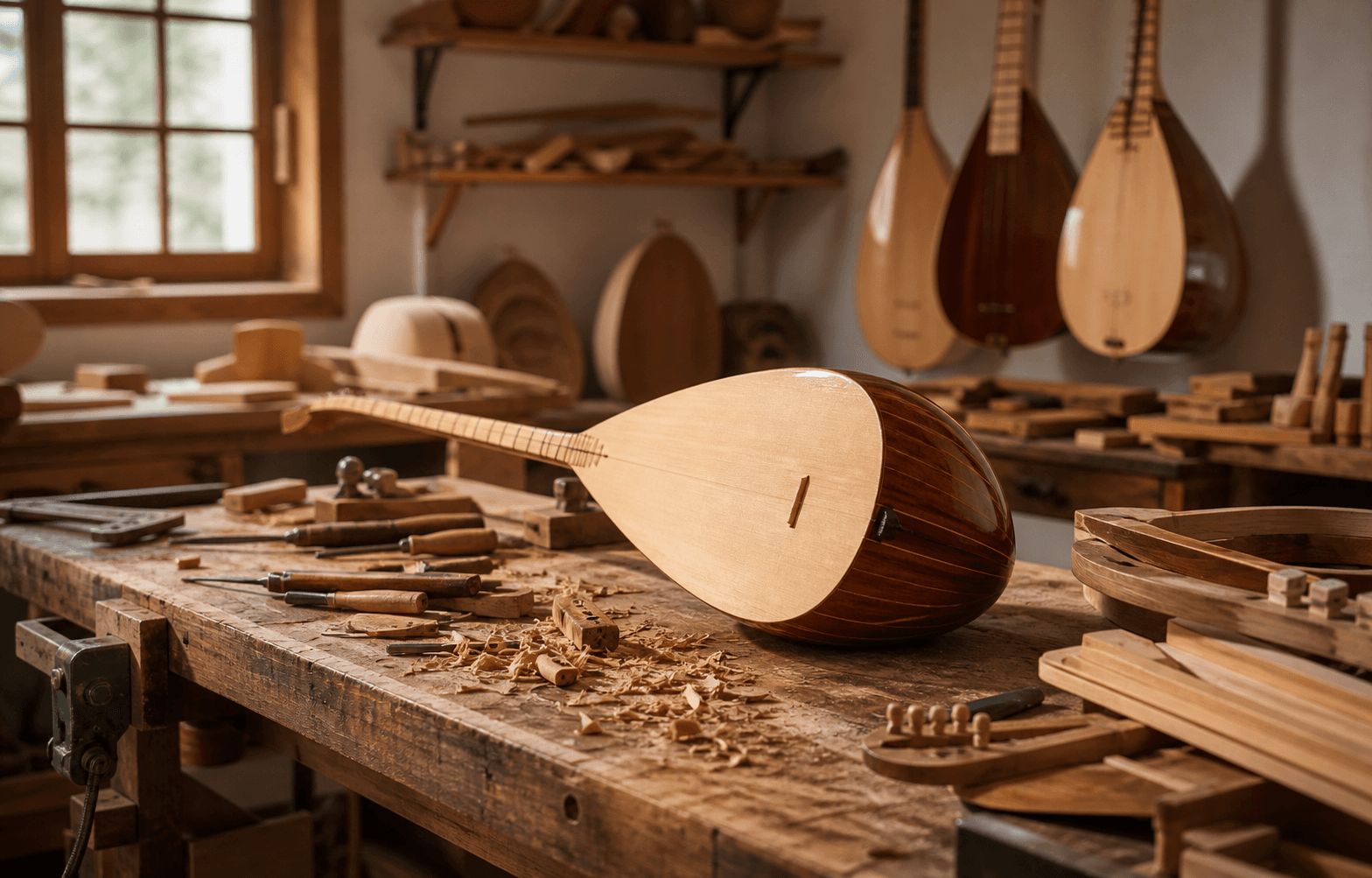 Bağlama yapım atölyesinde çalışma tezgahı ve tamamlanan enstrümanlar